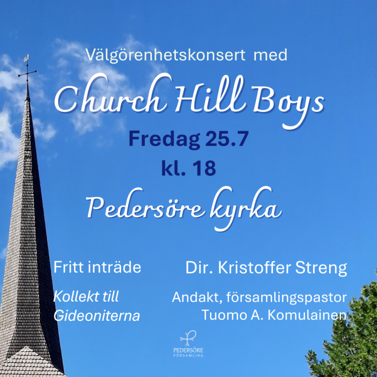 Välgörenhetskonsert med Church Hill Boys Kyrkspira, blå himmel