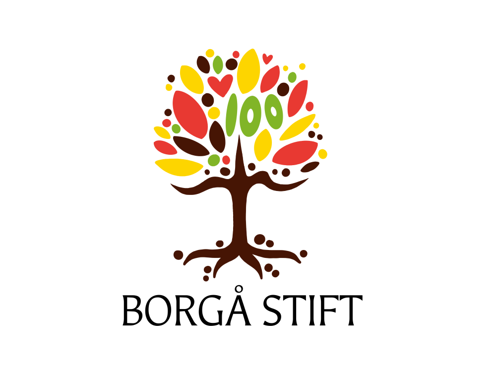 Logo Borgå stift 100, träd med röda och gula blad