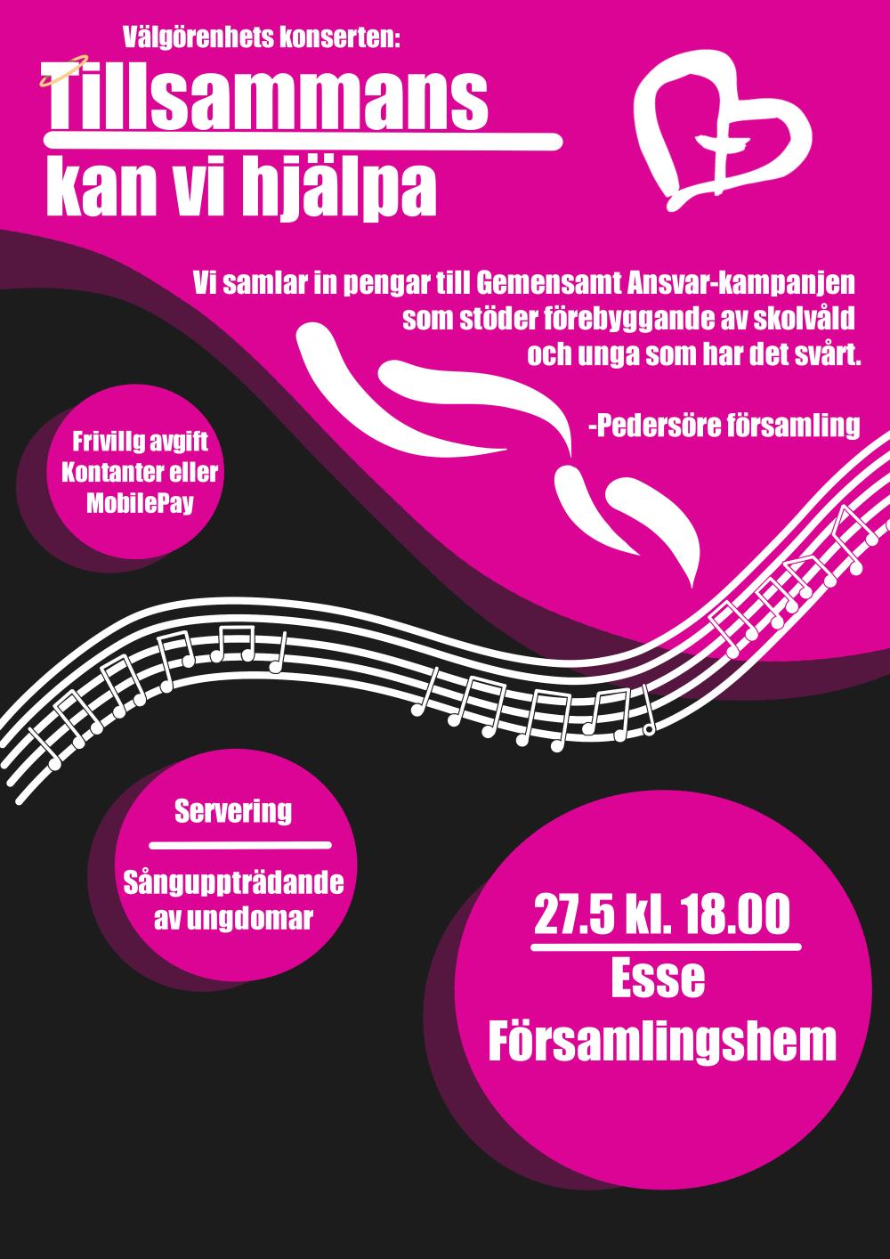 affisch om välgörenhetskonsert, svart och rosa